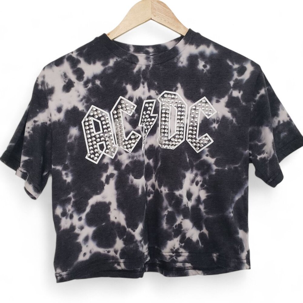 AC DC Chunky Silver Studded Crop Shirt Women's Tie Dye Rock Heavy Metal Bling M